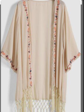 Umgee apricot cream open front long line boho cross stitch fringe trim kimono